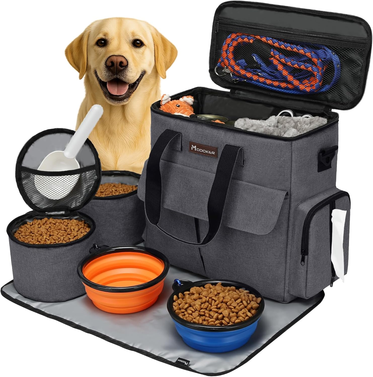 Dog Travel Bag by Modoker - Dog Travel Kit for a Weekend Away Set Includes Pet Travel Bag Organizer for Accessories, 2 Collapsible Bowls, 2 Travel Food Container (Black) - Image 10