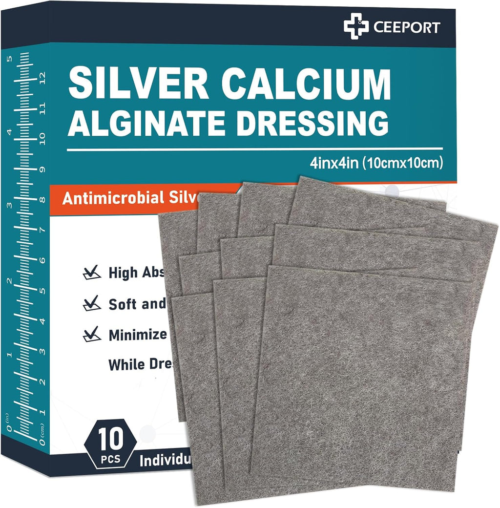 Optiteknik Ag silver calcium alginate wound dressing pads front view pack of ten