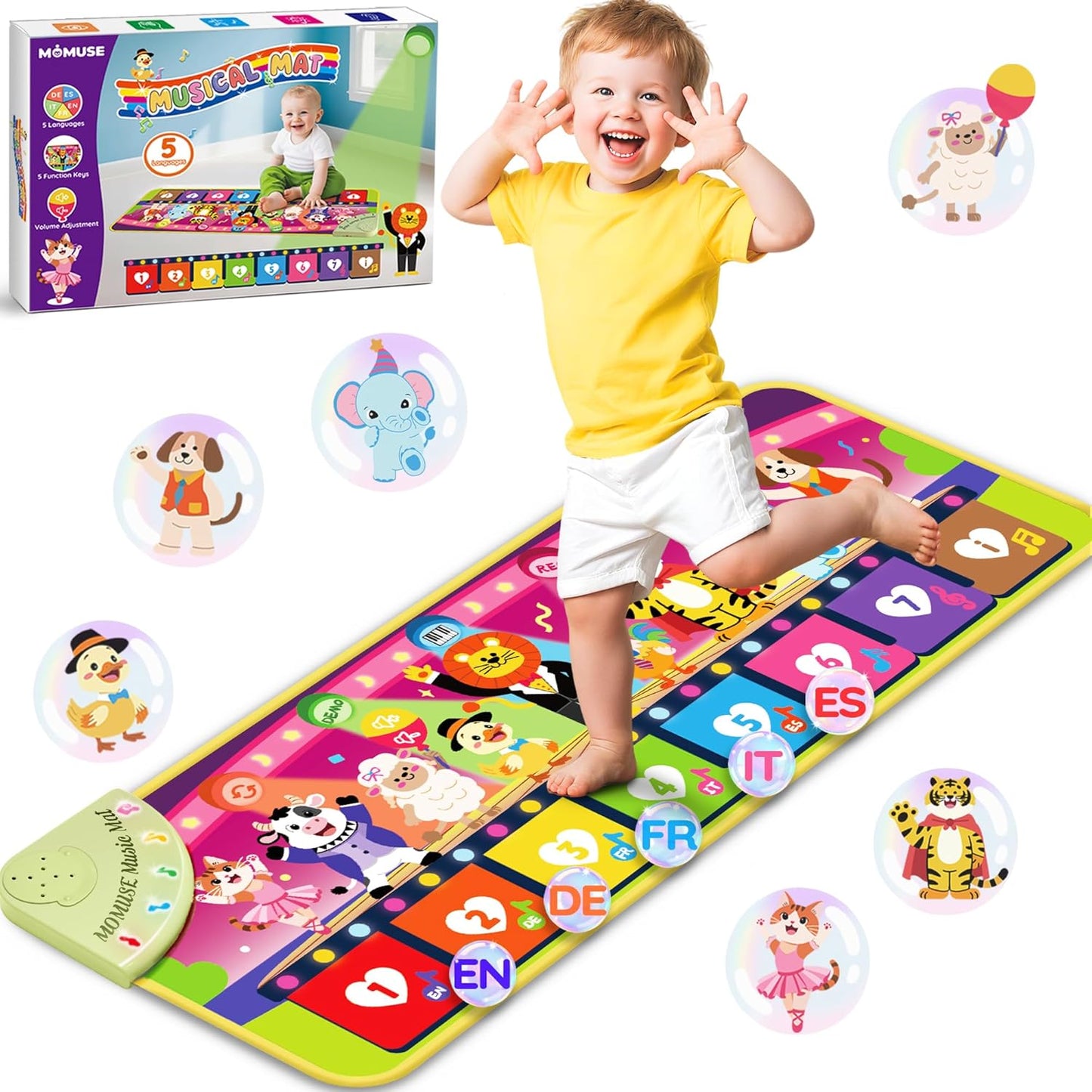 Momuse 5-Language Music Piano Mat front view with colorful animal illustrations.