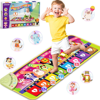 Momuse 5-Language Music Piano Mat front view with colorful animal illustrations.