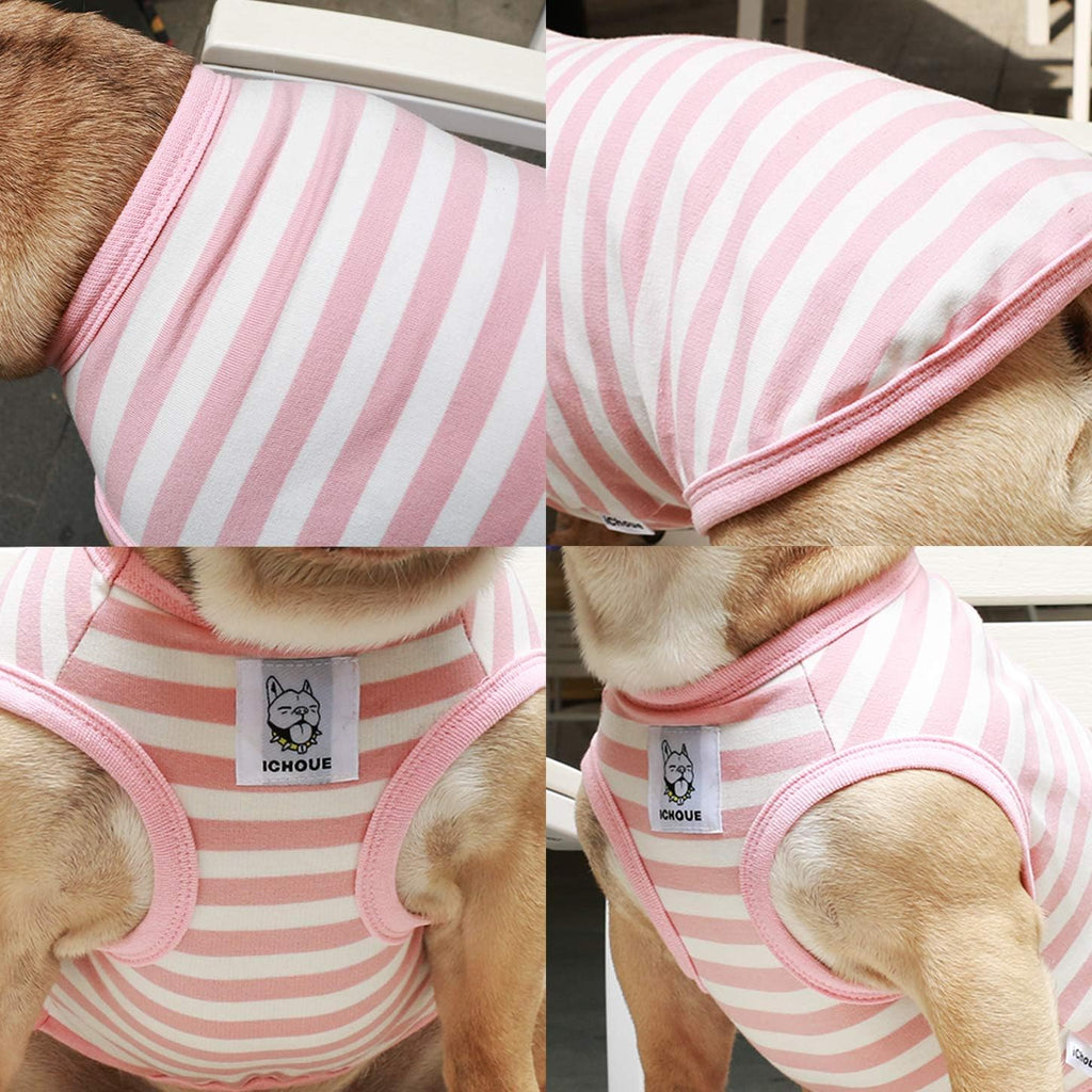 Premium broad chest dog vest in pink and white stripes profile view.