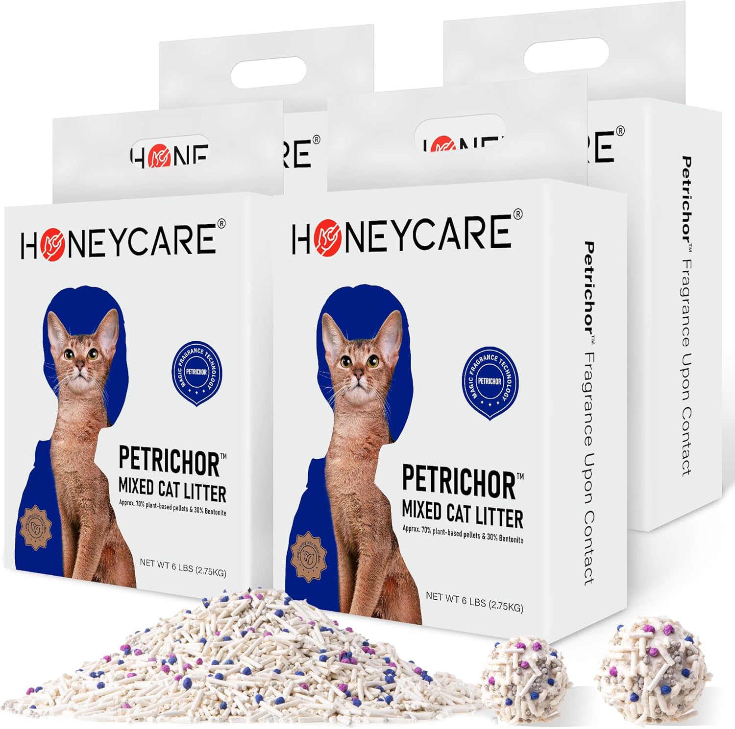 Back view of Honey Care cat litter packaging with instructions
