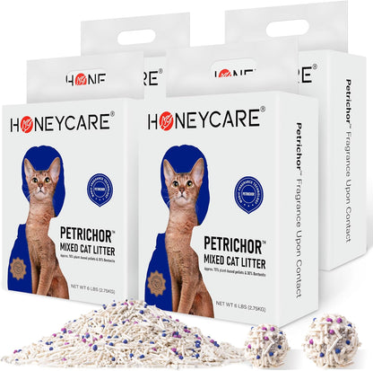 Back view of Honey Care cat litter packaging with instructions