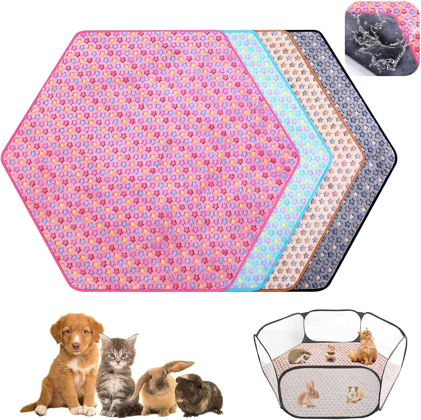 Preboun 4 Pcs 47 in Guinea Pig Playpen Pad Waterproof Hexagon Mat Reusable Dog Playpen Liner for Small Animal Rabbit Cage Tent Pee Pad Washable Yard Fence(Vivid Star) - Image 1