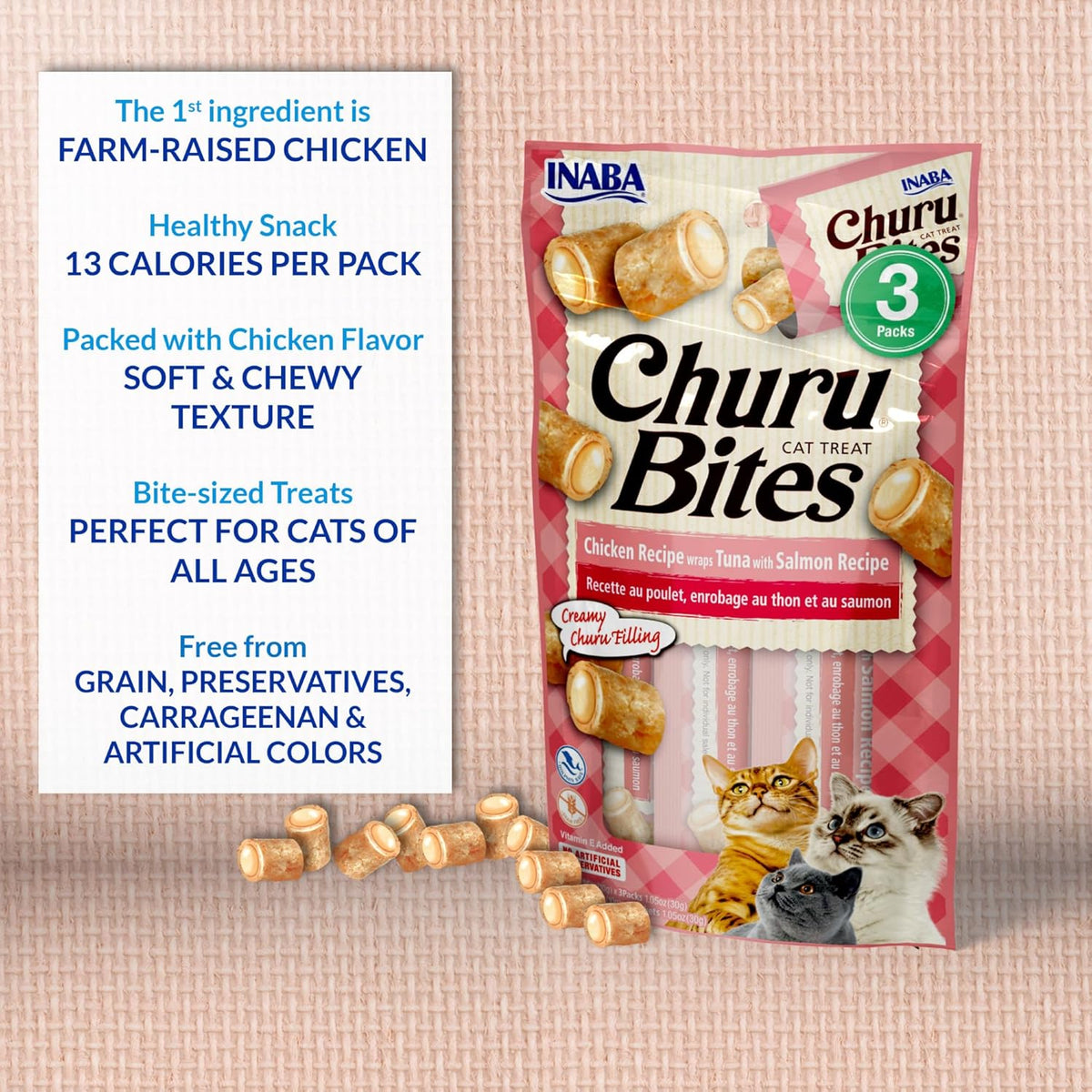 Back panel of Inaba Churu Bites listing ingredients and Vitamin E