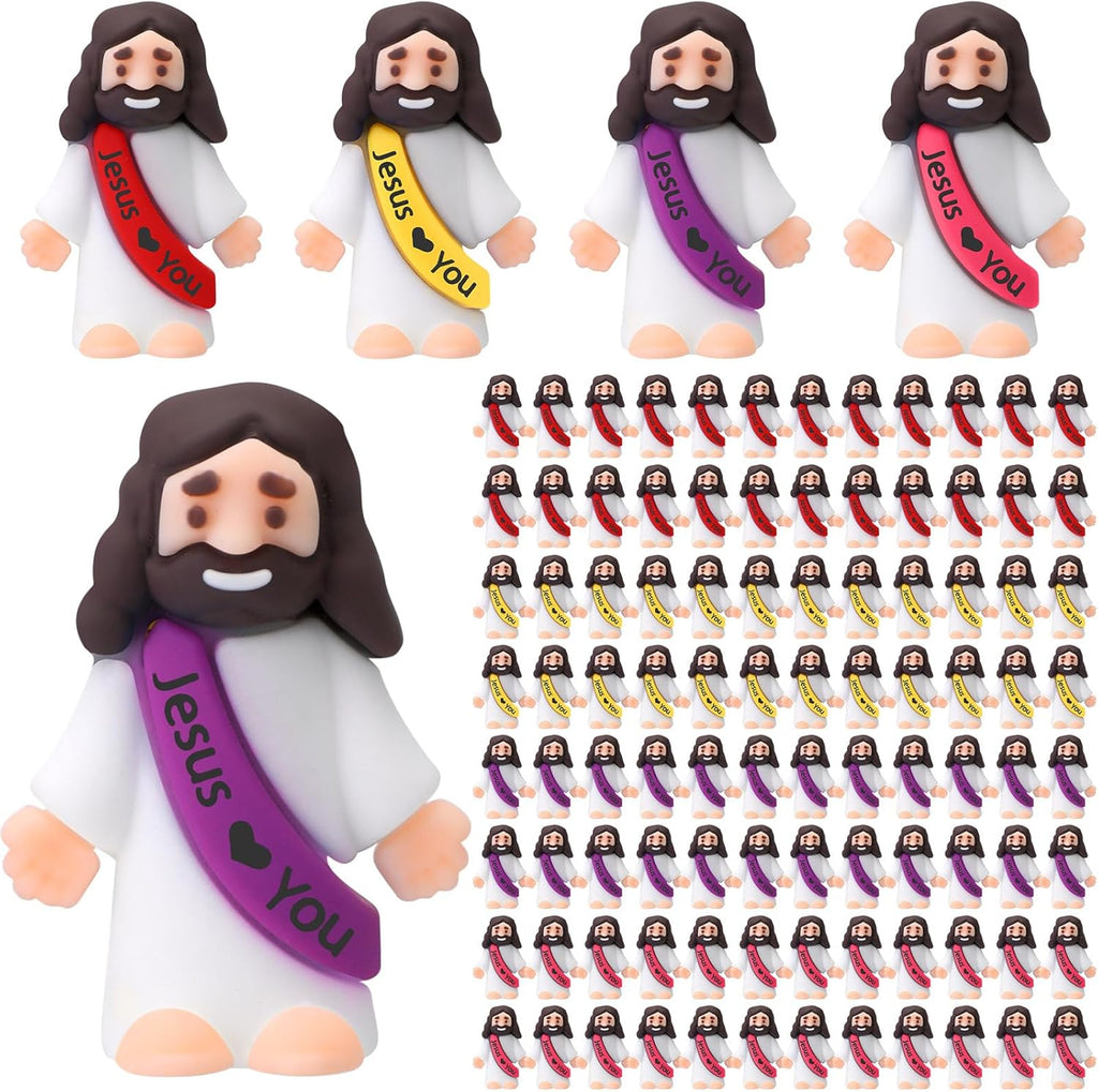 Bememo 100 Piece Little Jesus Figures front view pack showing vibrant multi colored miniature religious rubber toys.
