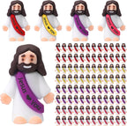Bememo 100 Piece Little Jesus Figures front view pack showing vibrant multi colored miniature religious rubber toys.