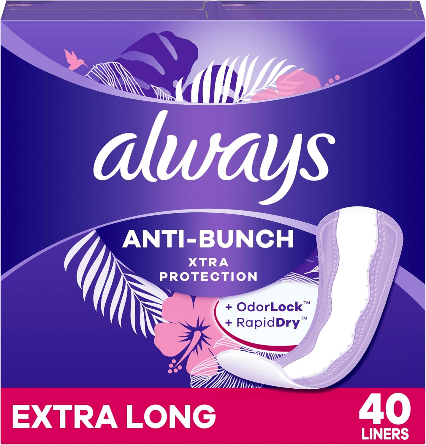 Always Anti-Bunch Xtra Protection Daily Liners front packaging 40 count pack