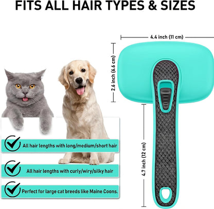 Self cleaning pet brush removing loose undercoat fur from a cat
