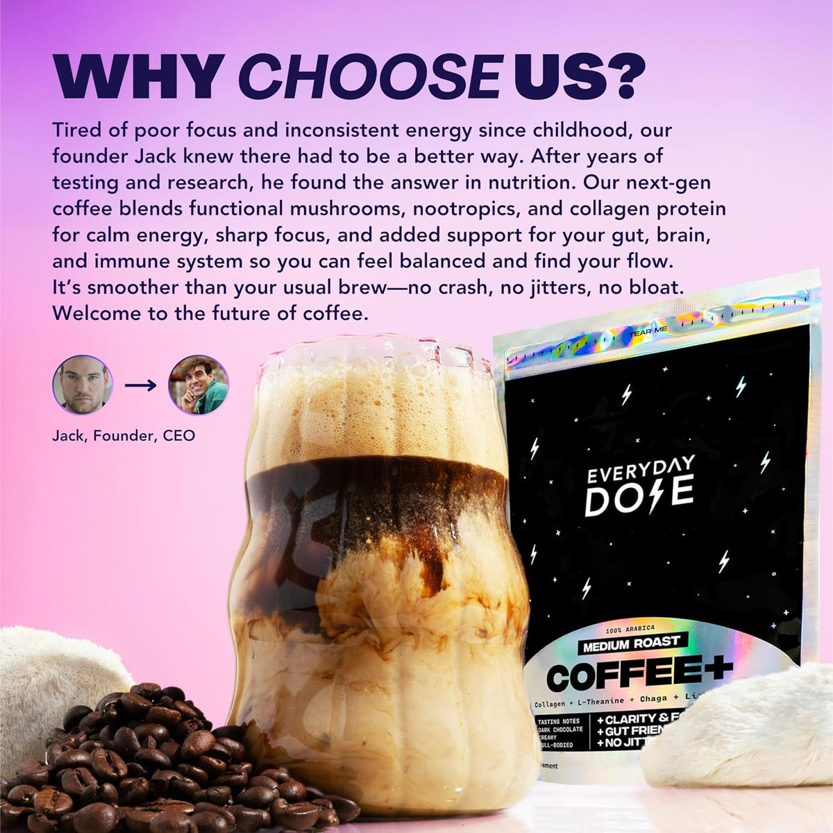 Everyday Dose Bold Medium Roast Mushroom Coffee 90mg Caffeine per serving with Grass-Fed Collagen, Chaga, Lions Mane & L-Theanine for Better Focus, Energy, Digestion, Skin, and Immunity 30 Servings - Image 6
