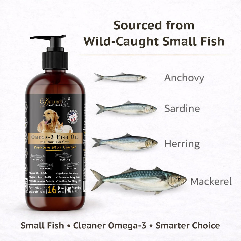 Premium omega three liquid for pet skin coat and joint health benefits overview.