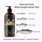 Premium omega three liquid for pet skin coat and joint health benefits overview.
