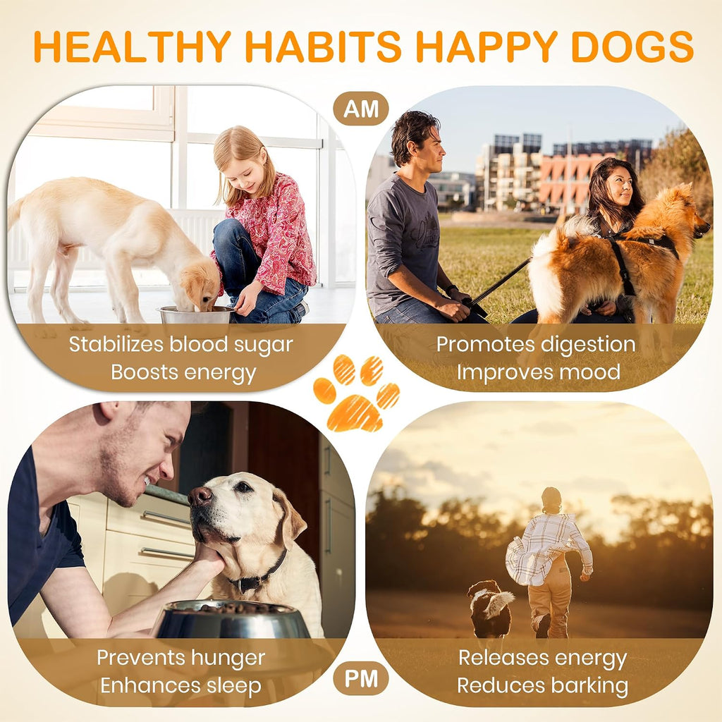 EliteSign dog care reminder chart mounted on a kitchen refrigerator using the magnetic backing.