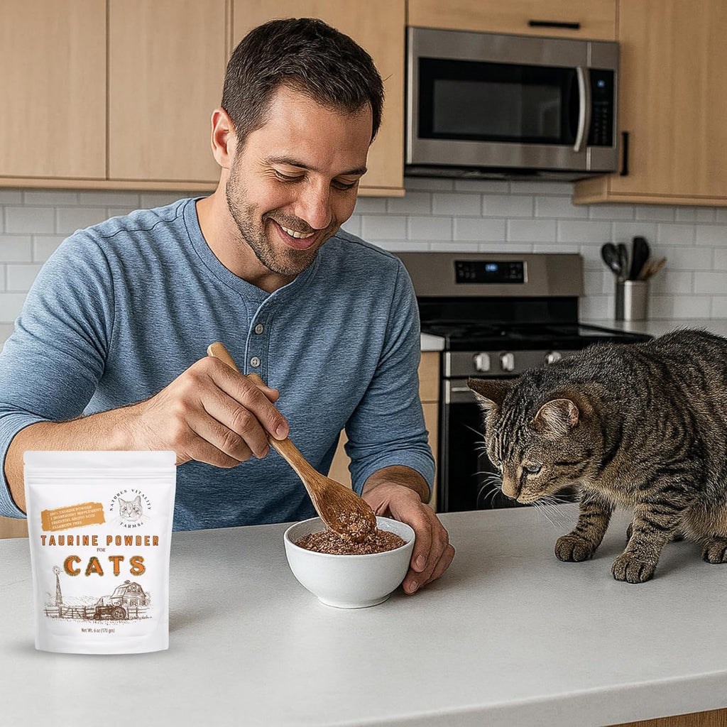 Puravita feline taurine powder container placed next to a bowl of wet food to illustrate serving usage.