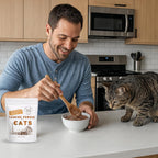 Puravita feline taurine powder container placed next to a bowl of wet food to illustrate serving usage.