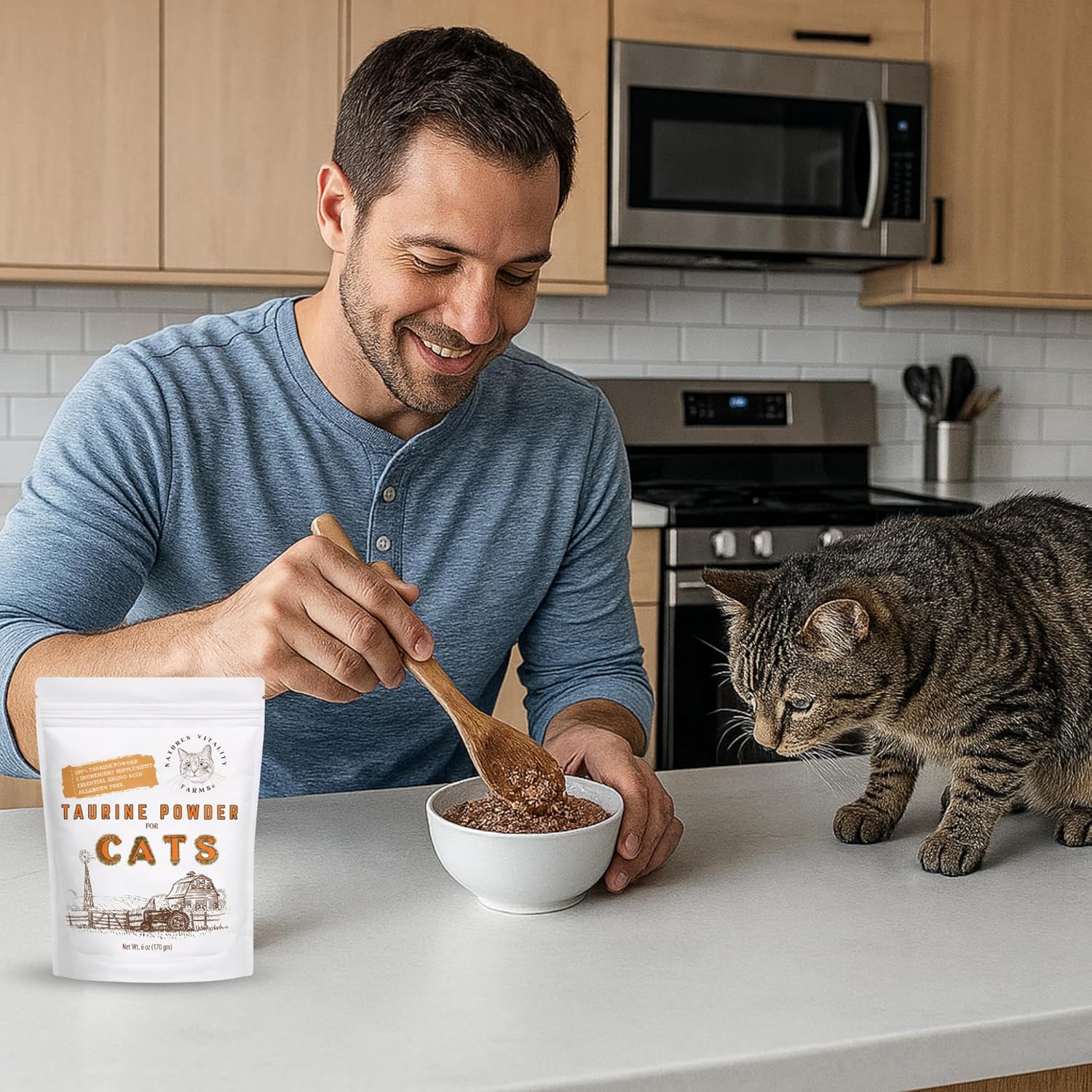 Puravita feline taurine powder container placed next to a bowl of wet food to illustrate serving usage.