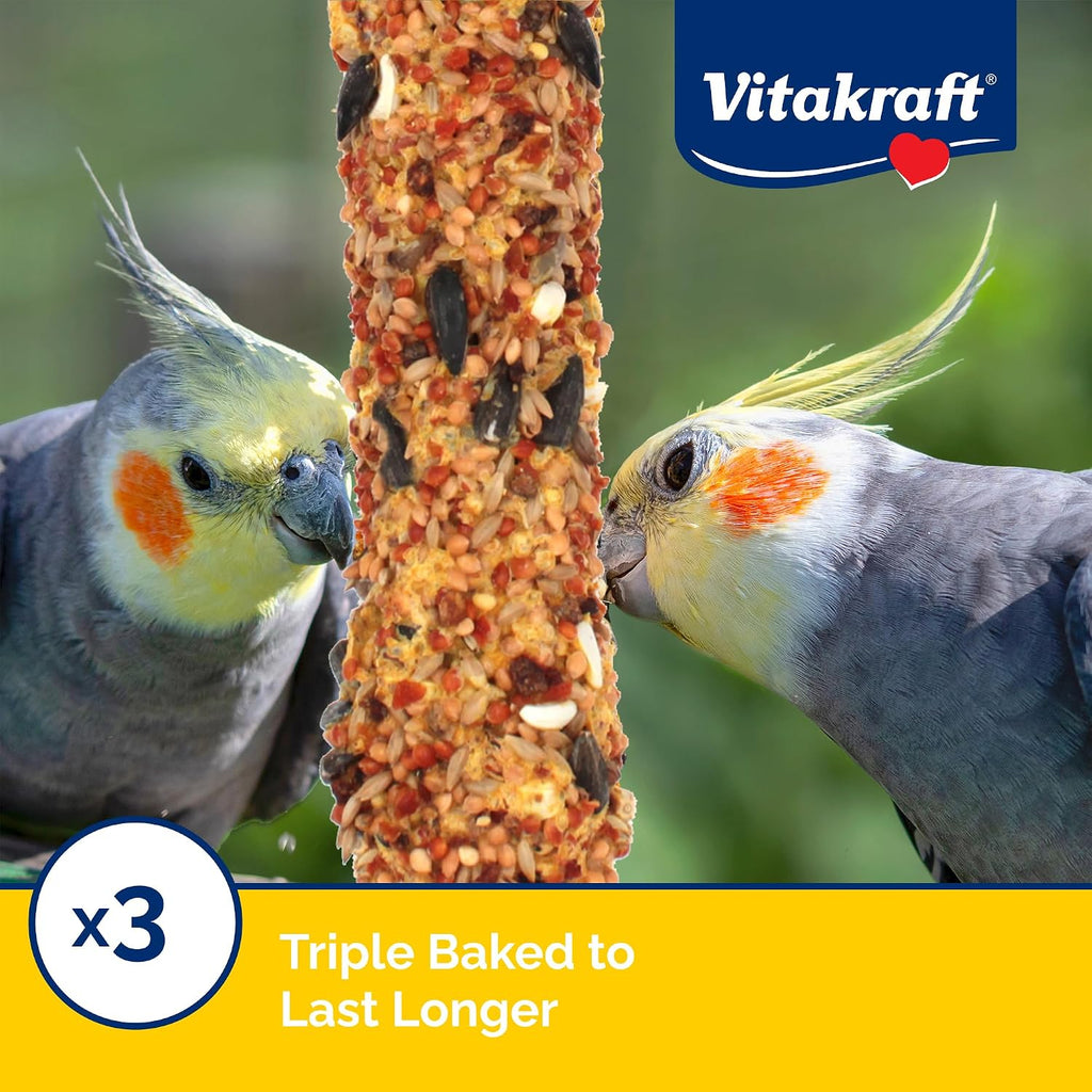 Cockatiel eating Vitakraft Crunch Stick hanging in a bird cage.