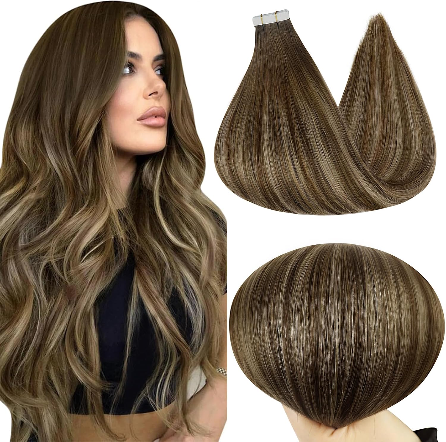 Full Shine invisible tape in hair extensions front packaging view featuring balayage brown human hair