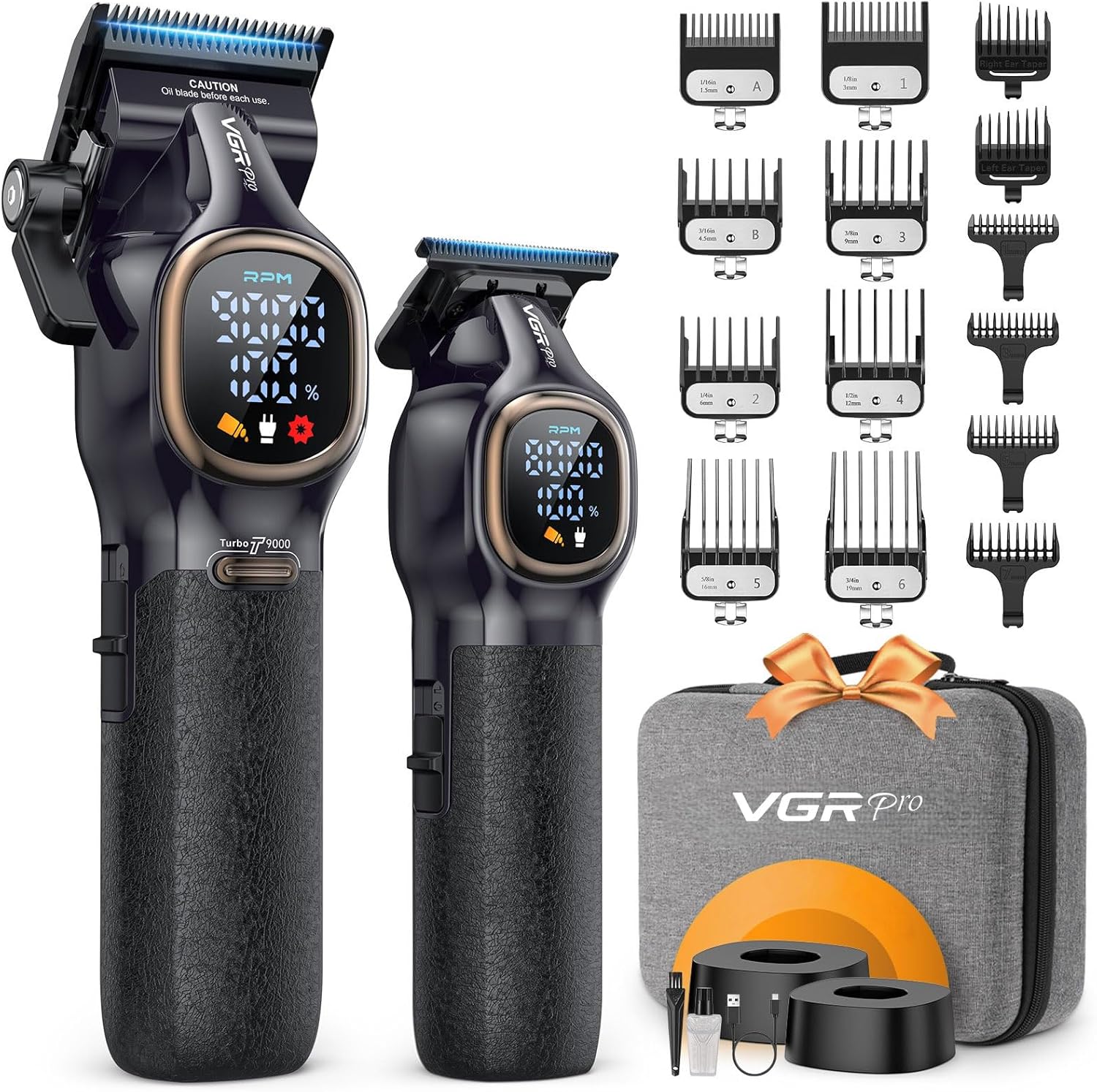 VGRPRO Professional Hair Clippers front view showing the sleek black all-metal body and digital LED battery display screen.
