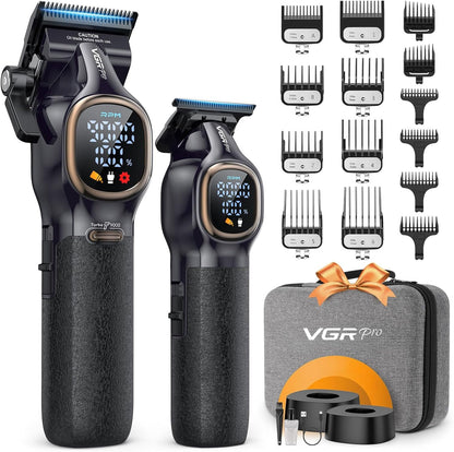 VGRPRO Professional Hair Clippers front view showing the sleek black all-metal body and digital LED battery display screen.