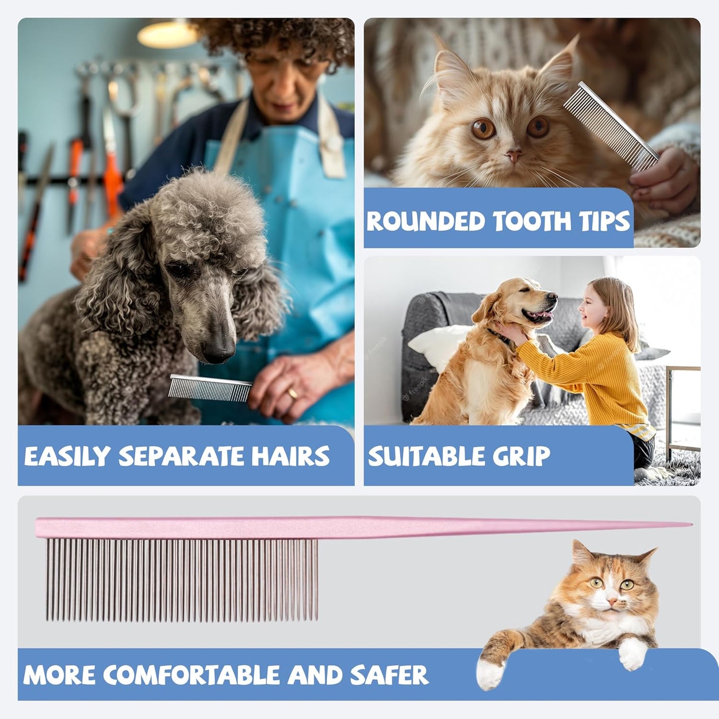 Pet grooming comb removing loose hair from cat