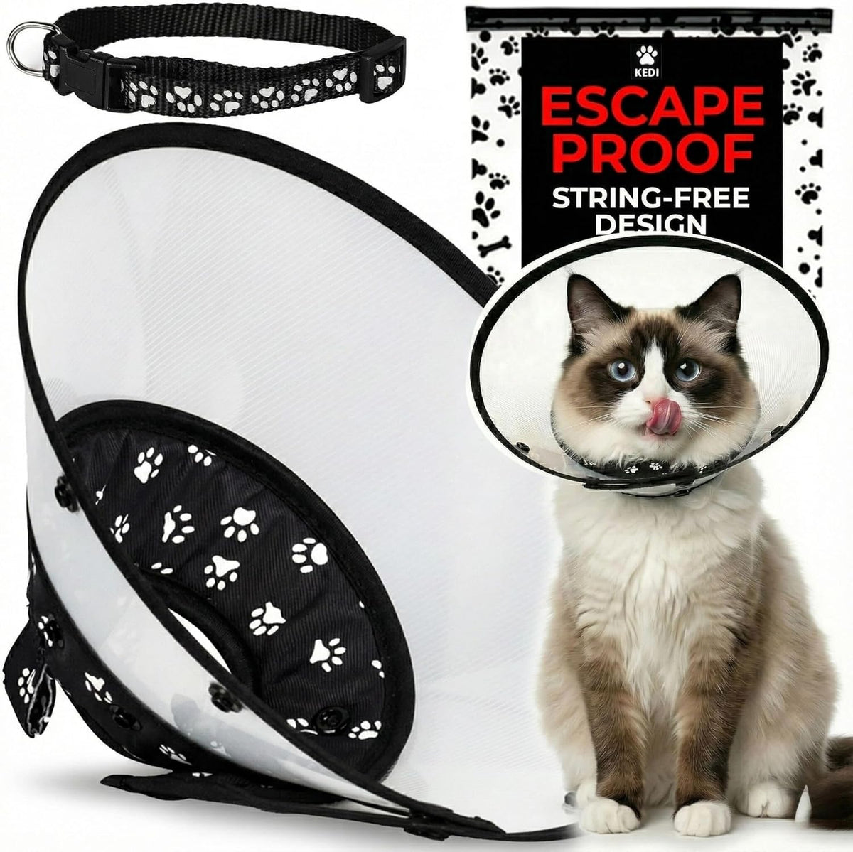 Cat Recovery Cone Kit Post Surgical Soft Pet Vest, Collar, and Non-Irritating Protection Cone for Cats - Comfortable Injury Care Solution (Black with White Paws, Medium) - Image 12