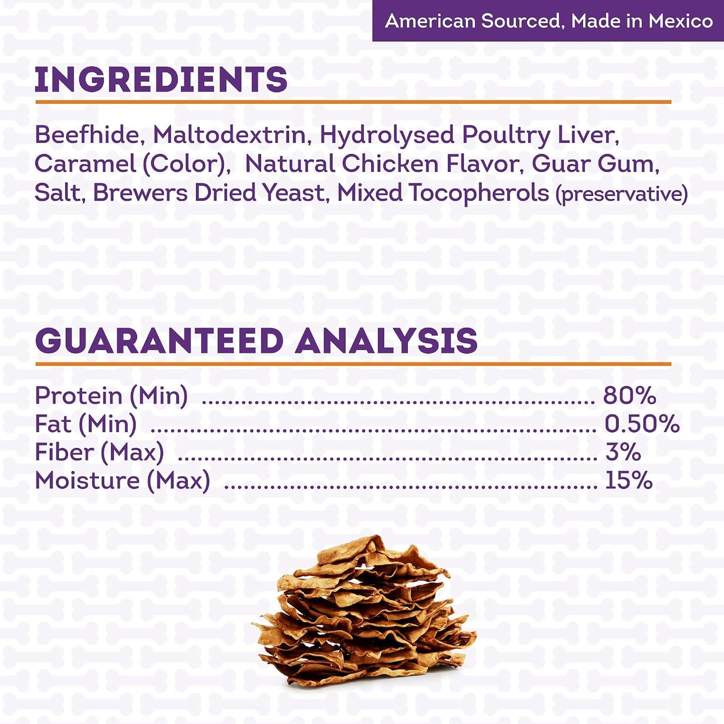 Treatly 22 Ounce package of chicken basted beefhide rawhide treats for dogs.