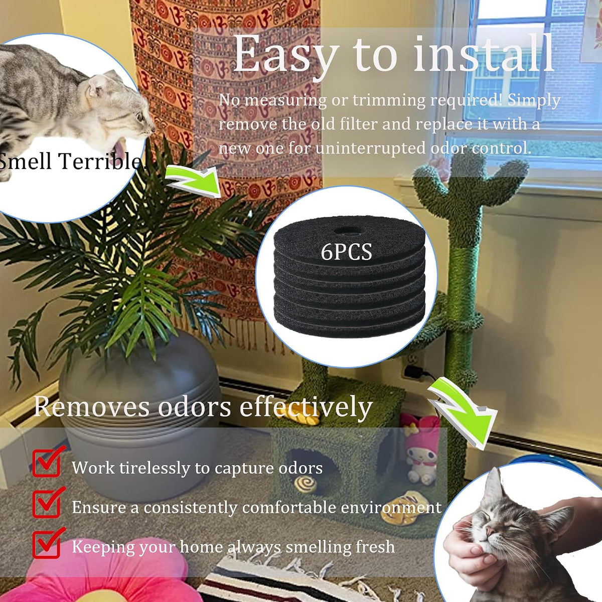 Activated carbon charcoal filtration pads for hidden cat litter box odor absorption