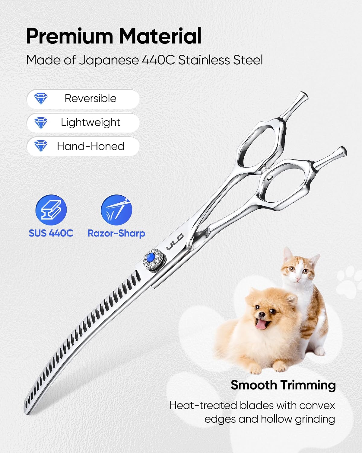 Ergonomic right hand handle design of the ULG curved thinning shears for comfortable pet grooming