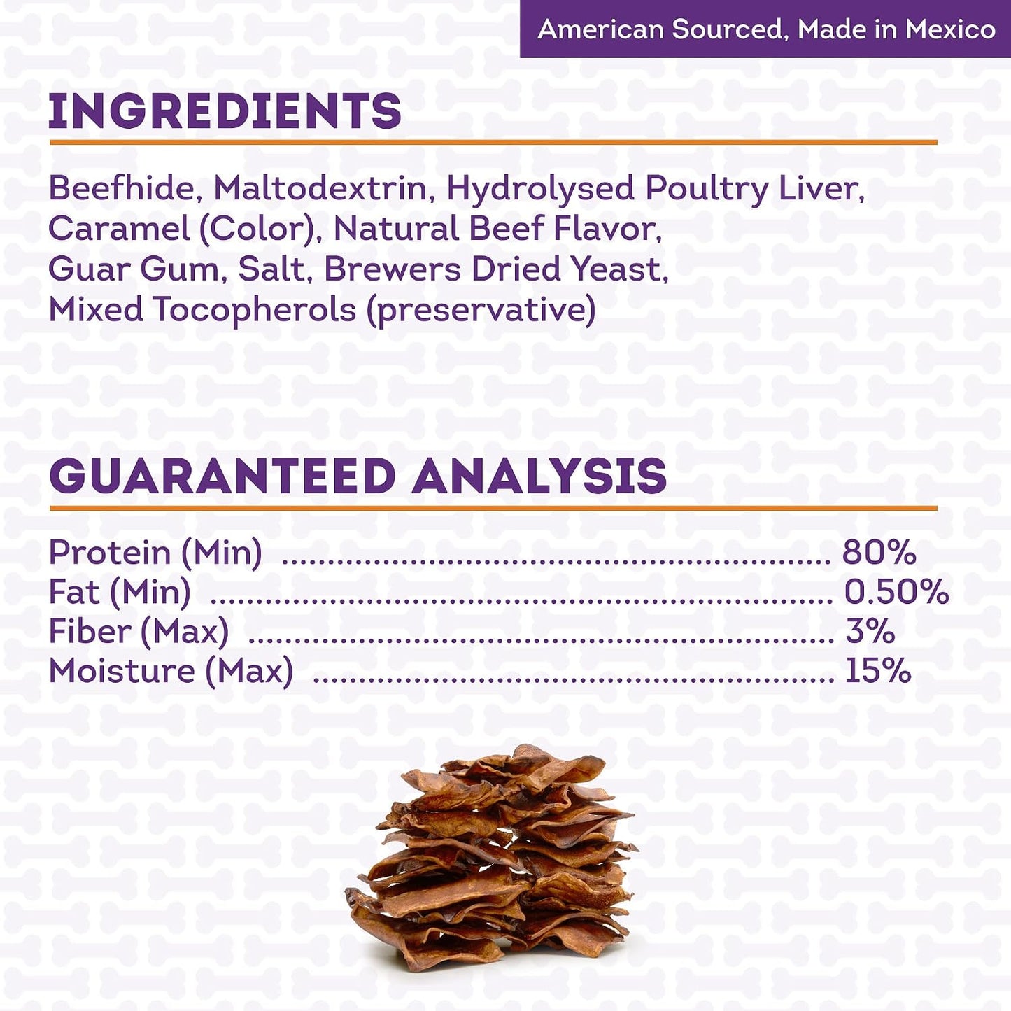 USA sourced natural cattle hide pet treats inside the resealable 22 ounce bag.