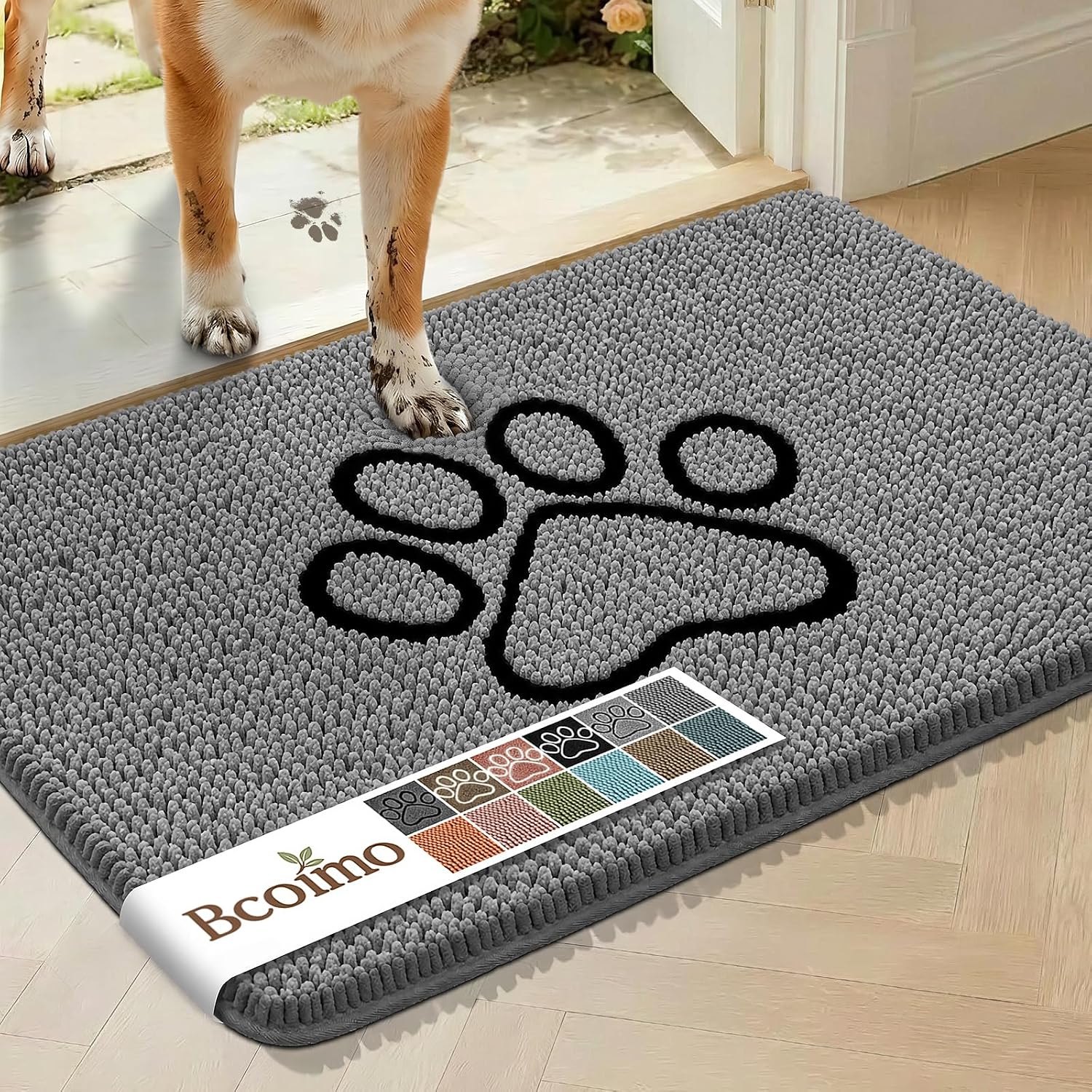 Bcoimo absorbent chenille dog doormat front view showing plush grey microfiber pile with paw print design