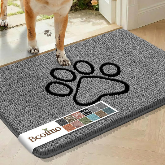 Bcoimo absorbent chenille dog doormat front view showing plush grey microfiber pile with paw print design