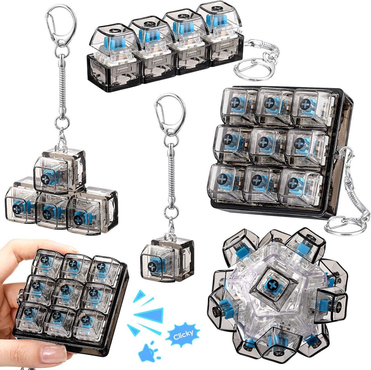 Halloscume keyboard fidget clicker toy set front view showing five distinct black transparent styles