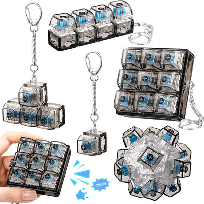 Halloscume keyboard fidget clicker toy set front view showing five distinct black transparent styles
