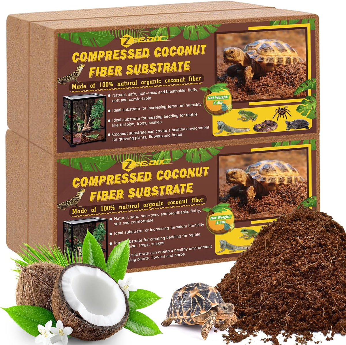 ZeeDix 2 Pack Coconut Fiber Substrate, 100% Organic Coconut Husk Coco Coir Brick Terrarium Bedding for Reptiles, Tortoise, Bearded Dragon, Leopard Gecko, Snake, Hermit Crabs, Frogs, Tarantula - Image 10