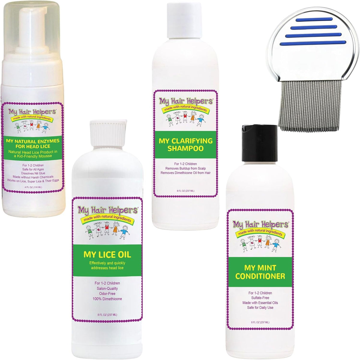 My Hair Helpers Complete Family Head Lice Treatment Kit front view showing all five bottles and comb.