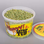 Side profile of the resealable 2 ounce plastic catnip tub detailing product information