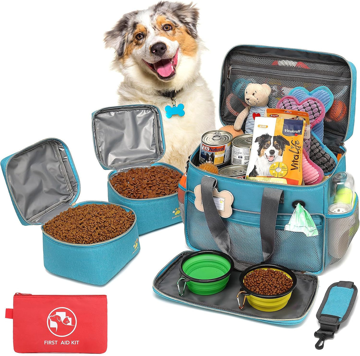 Pmpete dog travel bag and accessories set front view