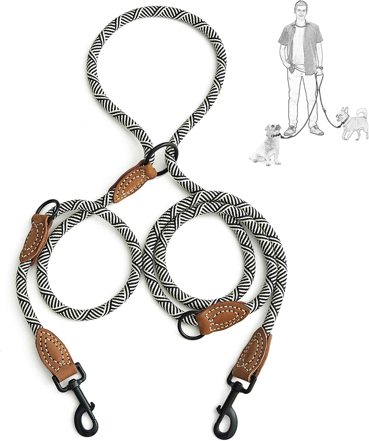 Mile High Life Double Dog Leash - Hands Free, Multifunctional Dual Dog Leash, 360 degrees Swivel, Leather Tailored Connection for Two Dogs (Black Khaki, 8FT) - Image 14