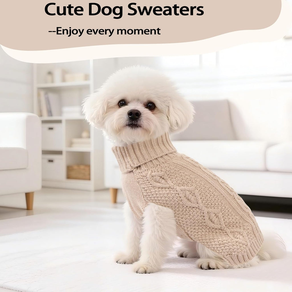 Close up details of the twisted cable knit pattern on the beige pet pullover.