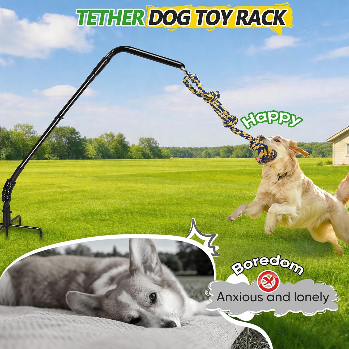 Extended ground nails being anchored into firm grass soil for stable tether toy setup