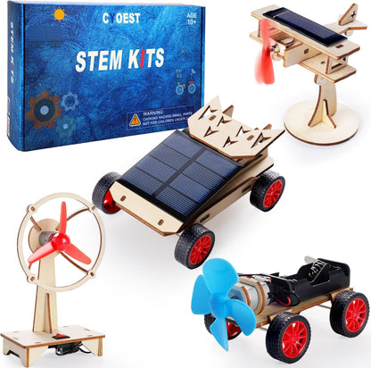 CYOEST 4 pack STEM solar car building kit front view showing the complete packaging and wooden models.