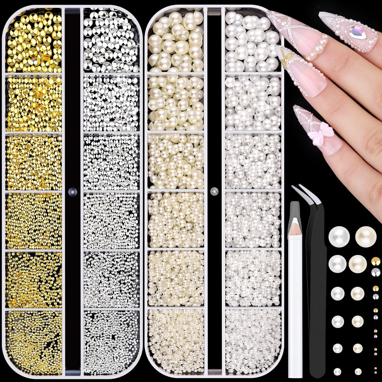 Belleboost 7500 Pieces 3D Nail Charms kit front view with tools