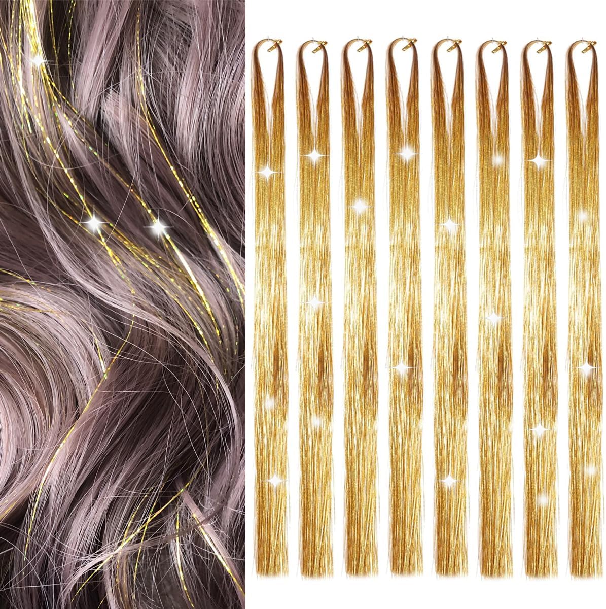 Sarannala Gold Hair Tinsel Extensions front view showcasing sparkling metallic strands.