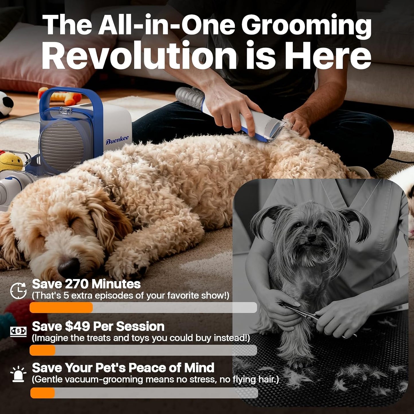 Buenkee pet hair remover nozzle cleaning loose fur from a home workstation surface.