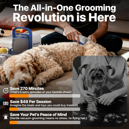 Buenkee pet hair remover nozzle cleaning loose fur from a home workstation surface.
