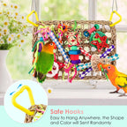 Top corner view showing yellow hanging clips on Katumo bird toy.