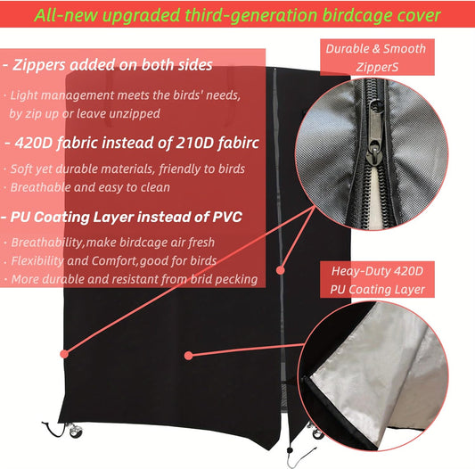 Cohyver 420D blackout bird cage cover showing dual side zipper mechanics