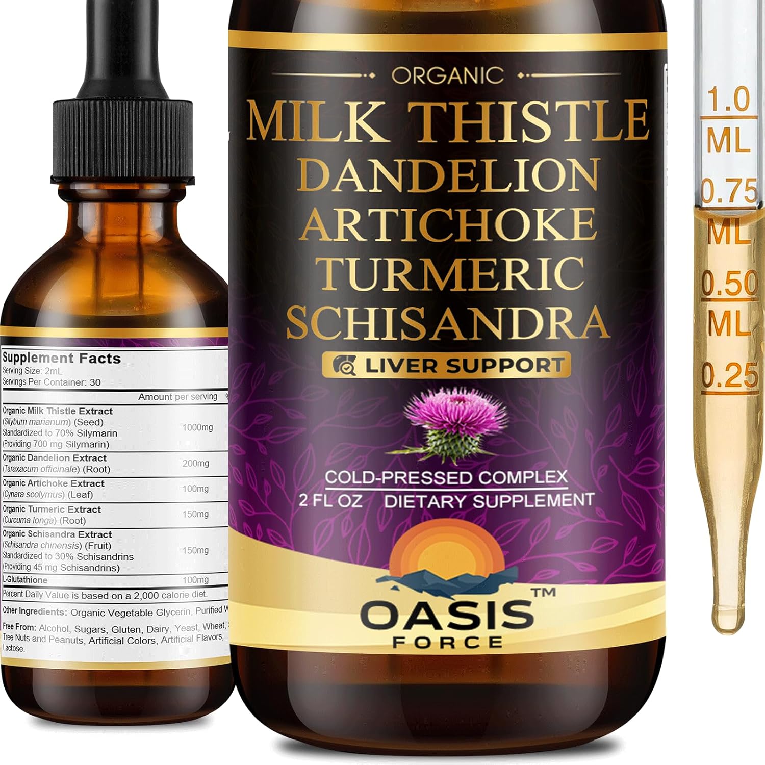 Oasis Force Organic Milk Thistle Extract Liquid front view showing the liquid liver cleanse packaging.