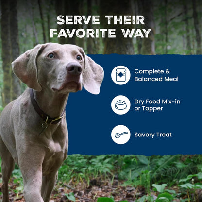 Blue Buffalo Wilderness Wolf Creek adult wet dog food stack view.